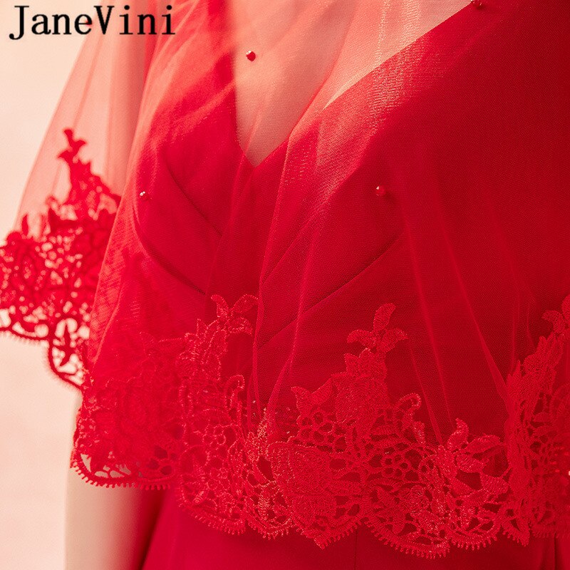 JaneVini Summer Red Lace Bridal Wraps Shawl Bolero Women Coprispalle Tulle Wedding Shawl Boleros Beaded Party Jackets