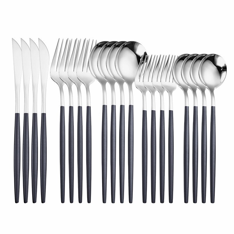Pink Silver Dinnerware Set Stainless Steel Cutlery Kitchen Dinnerware Tableware Set Forks Western Knives Spoons Cutlery Set 20pc: black silver 20pcs