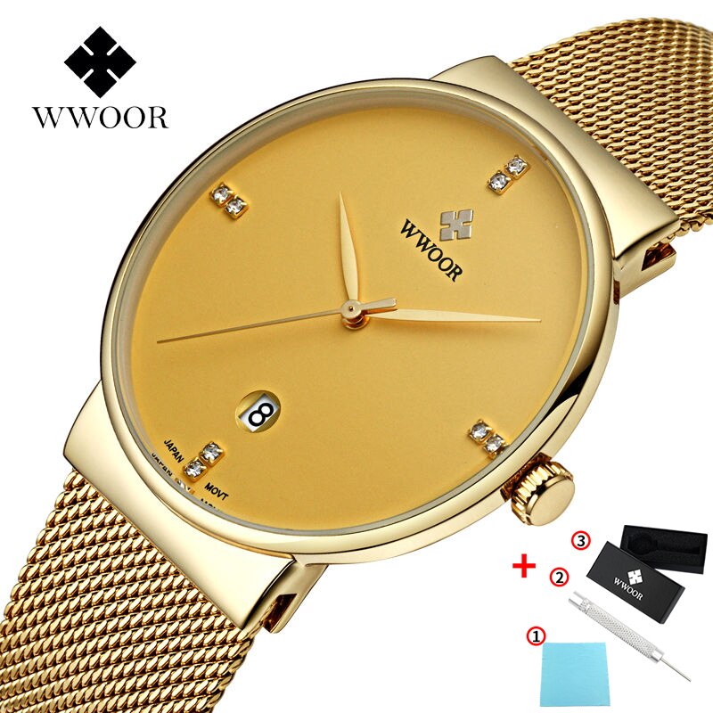 WWOOR-montre de luxe pour hommes, en acier inoxydable, doré, montre à Quartz minimaliste, diamant: Gold