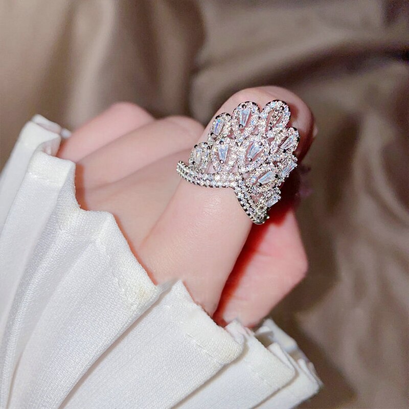 Luxe Kroon Ringen Bling Zirkoon Zilveren Kleur Bruiloft Sieraden Elegante Pauw Ringen Voor Vrouwen Verstelbare Opening Ring