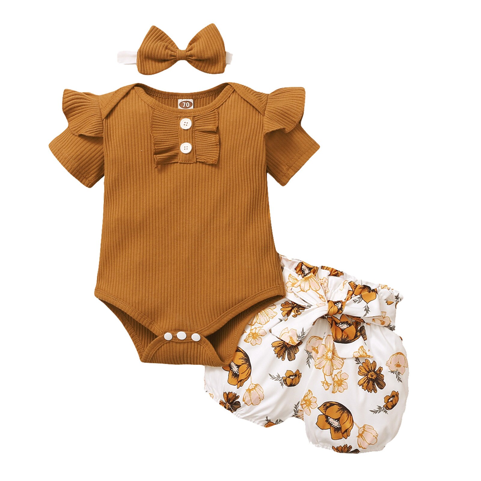 Girl Outfits Toddler Baby Girls Clothes Summer Solid Short Sleeve Ruffle Romper Bodysuit+Floral Print Shorts Headbands Outfits: Brown / 70