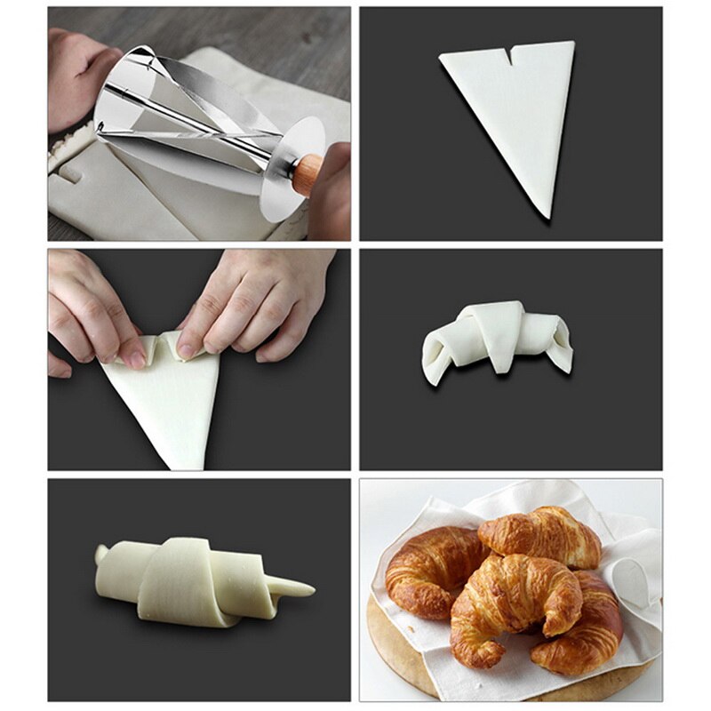 Rostfritt stål rullskärare för att göra croissant bröd hjul deg bakverk kniv träskaft bakning kökskniv