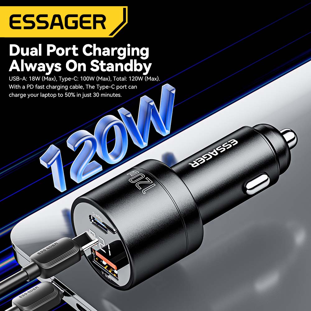Cargador de coche Essager 120W PD cargador súper rápido para iPhone 15 14 13 Pro Xiaomi Samsuang cargador USB tipo C carga de teléfono portátil