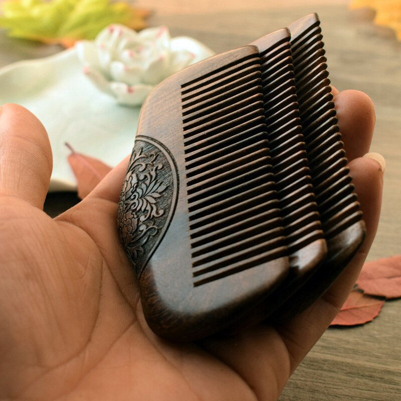Golden Sandalwood Comb Double-Sided Carved Natural Sandalwood Fine Comb Anti-Static Care Massage 10x5.8x1.3cm NS