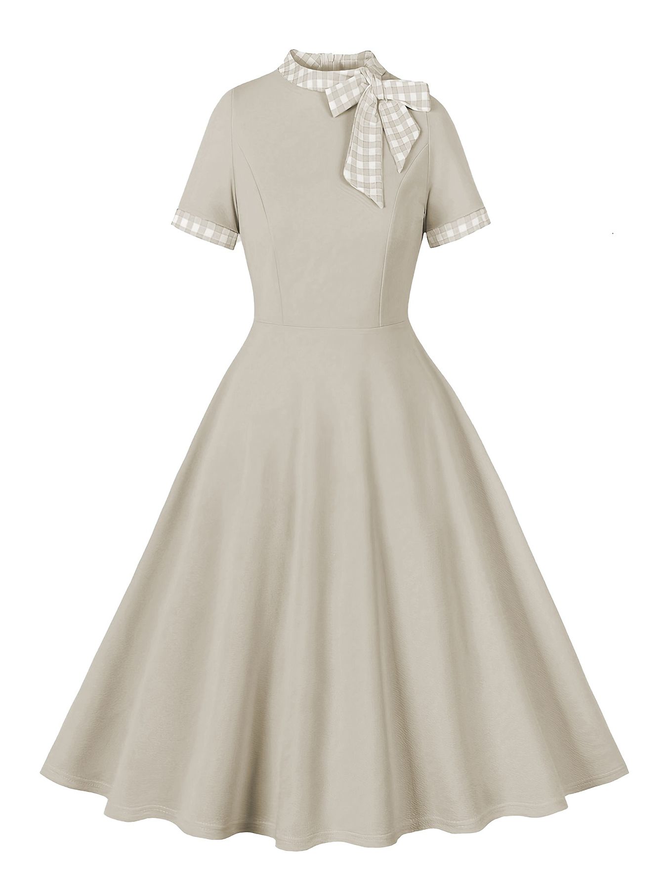 Tonval Contrast Plaid Tie Neck 1950s Dresses Birthday Women Gorgeous Clothes Summer A-Line Flare Dress: L / APRICOT