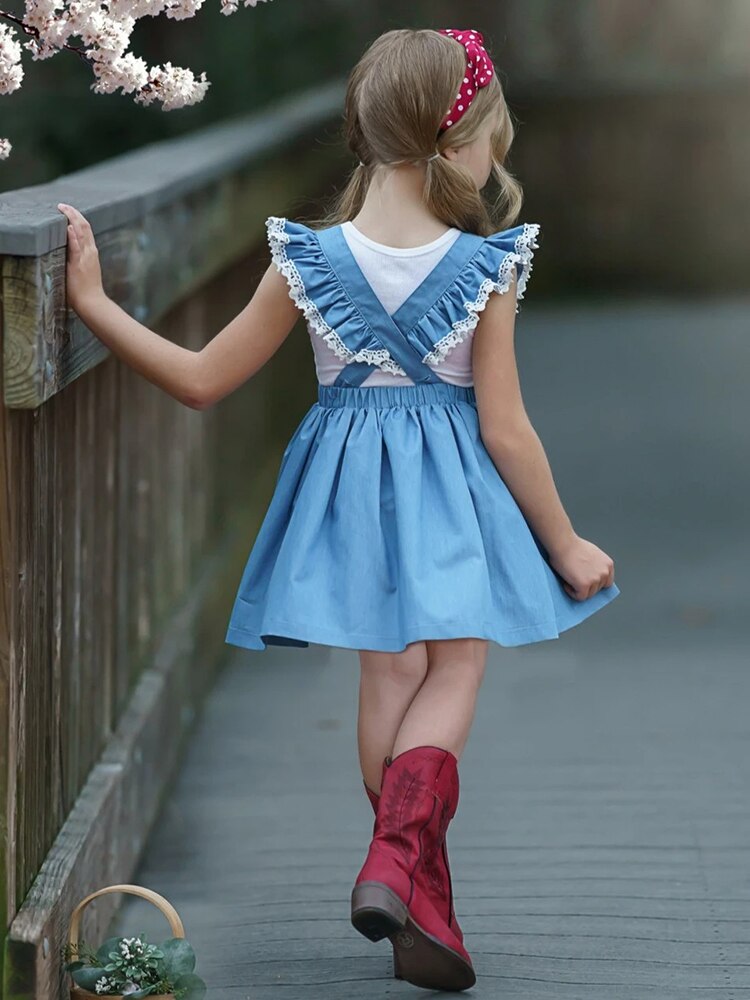 Baby Meisjes Katoenen T-shirt Jurk Kleding Set Zomer Kids Leuke Blauwe Jurken Met Boog En Knop Kant Ruche Mouw vestisdos: Dress Set / 5