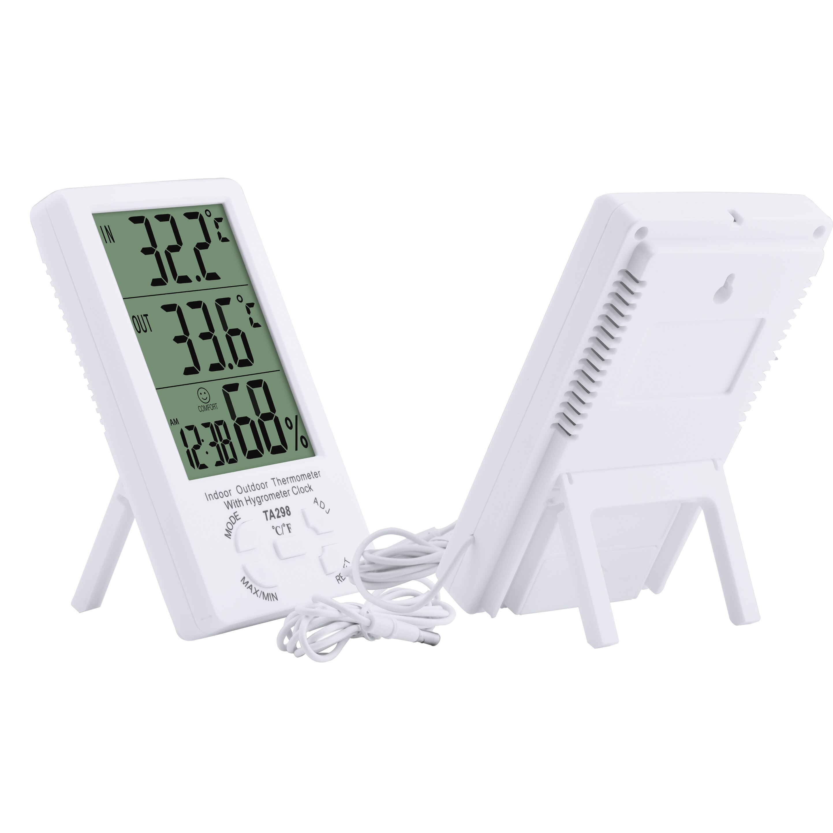 Digital LCD Indoor Outdoor Thermometer Hygrometer C/F Home Temperature Humidity Meter Clock External Probe Sensor Cable