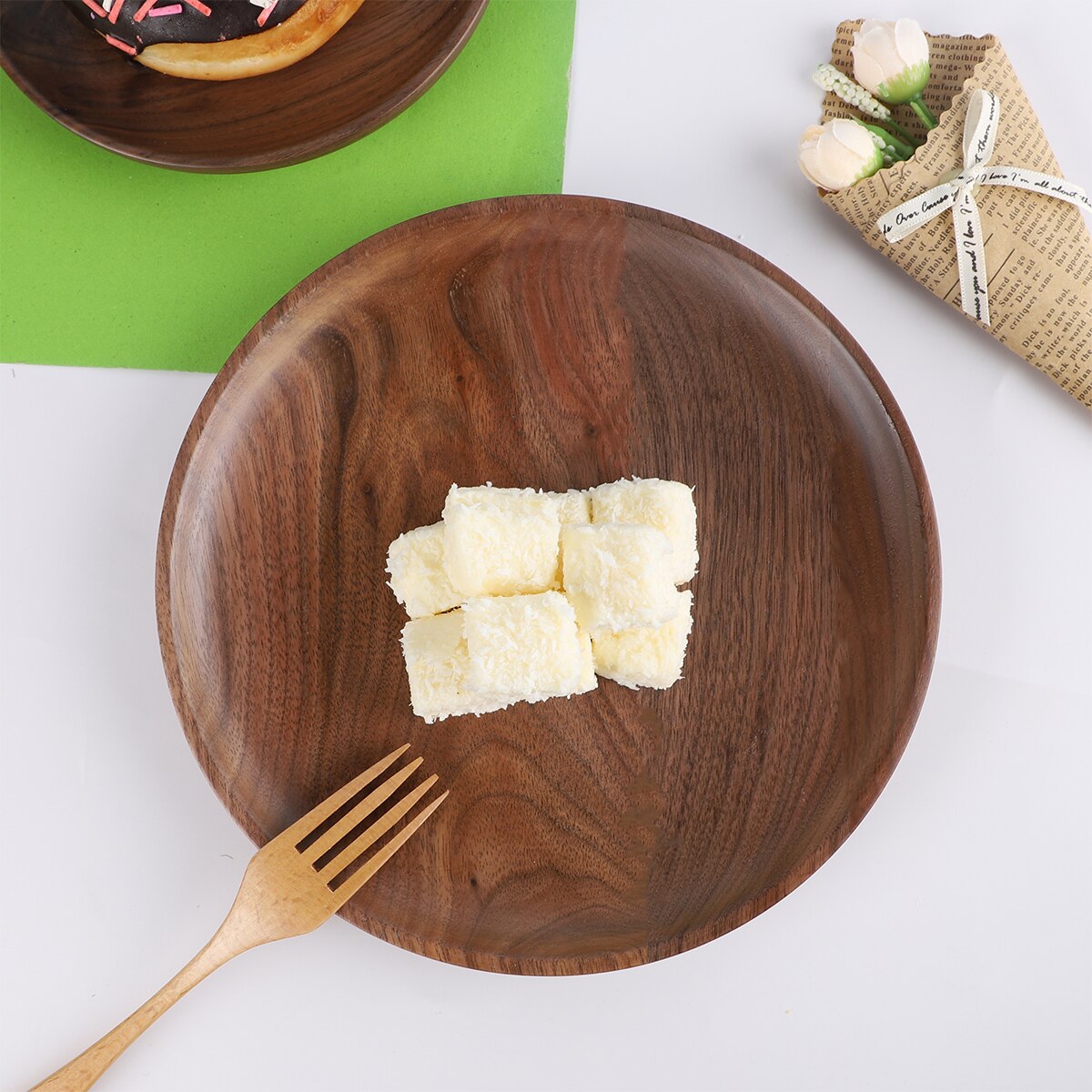 Acacia and Walnut Dinner Plates, Round Solid Wood Plates, Stackable Dinner Plates, Natural tableware dining for Dishes Snack