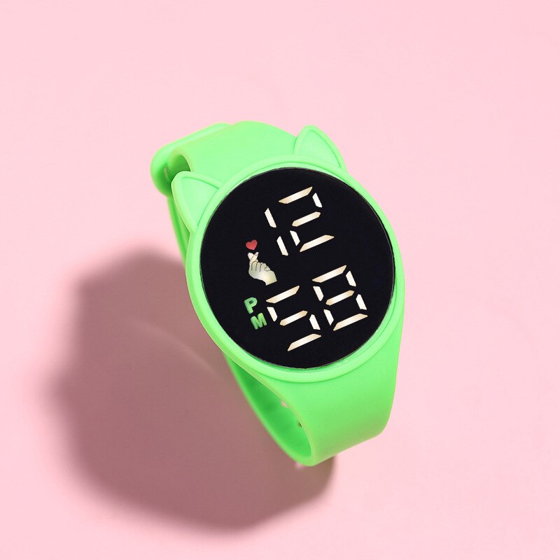 Reloj de pulsera Digital LED con esfera de gato para niños, pulsera de silicona electrónica deportiva con dibujos animados, , 2022: green