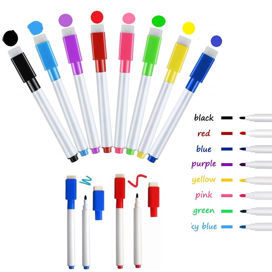 Stylo marqueur pour tableau blanc magnétique effaçable, 10 pièces, stylo fin avec gomme, brosse à dessin pour enfants