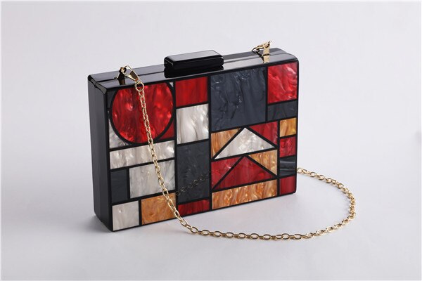 Brand Acrylic Patchwork Evening Bags Vintage Women Messenger Bags Geometric Pattern Clutches Party Prom Handbags Purses: Red Metal Chian