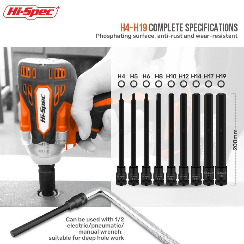 Hi-Spec 200MM Extended Socket Sets 1/9pc Hexagon Socket Length Adapter 1/2" CR-MO Hex Head Screwdriver Bits H4-H19 With Magnetic
