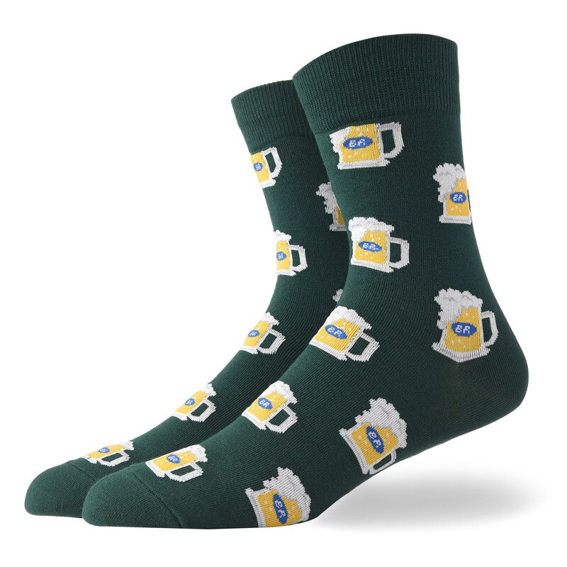 Calcetines divertidos de algodón peinado para hombre y mujer, medias con diseños divertidos, desayuno, cerveza, patatas fritas, Bacon, plátano, huevos fritos, comida, dibujos animados: Verde militar
