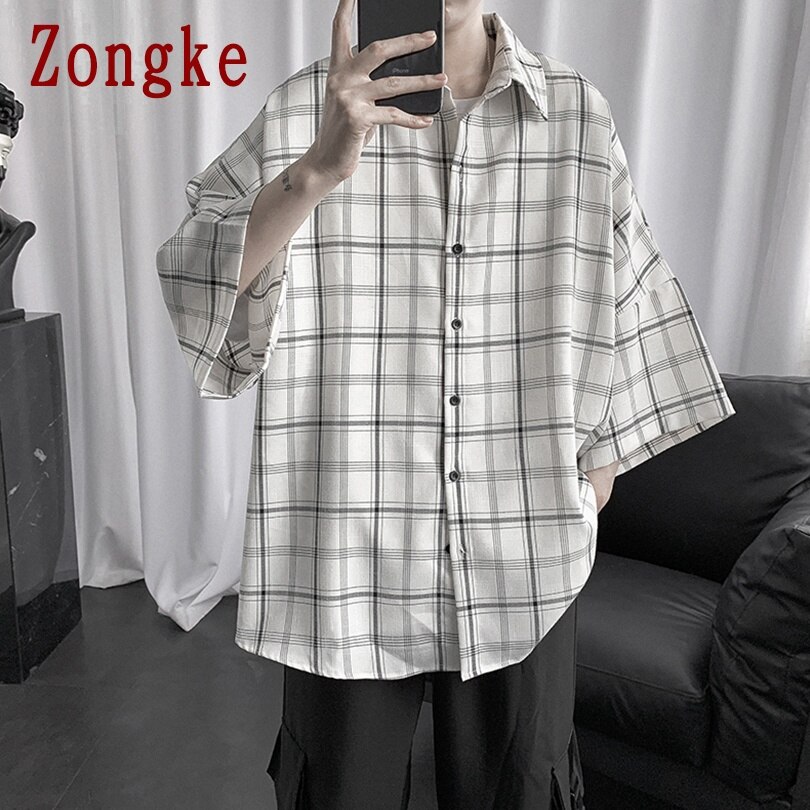 Zongke Plaid Casual Shirts For Men Clothing Checkered White Shirt Men Streetwear Men Shirt Long Sleeve M-2XL