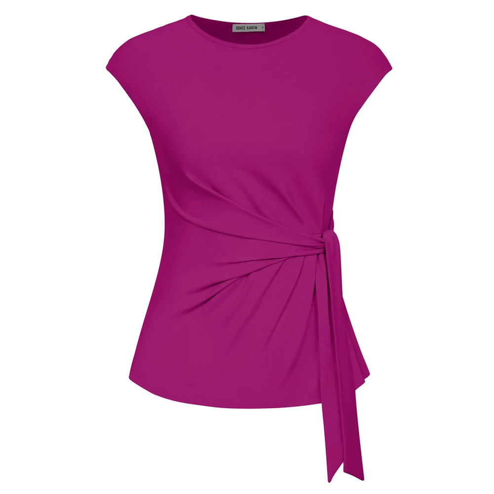 Gk kvinder bluser foran sløjfe knude dekorerede toppe klassiske kasketærmede rund hals pullover sommertoppe bluser femme: L / Militærgrøn