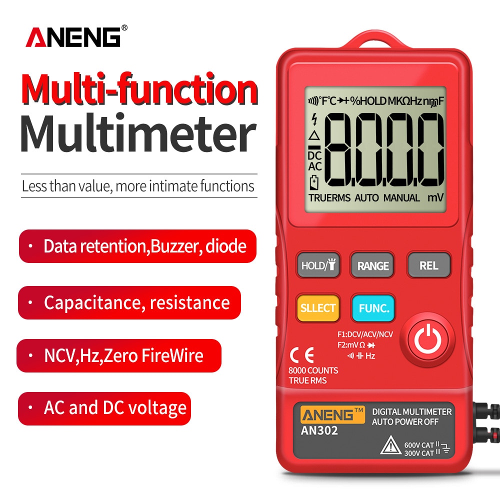 Aneng  an302 true rms digital multimeter tester 8000 teller en multimetro transistor testere bananaligator peak kabel meter