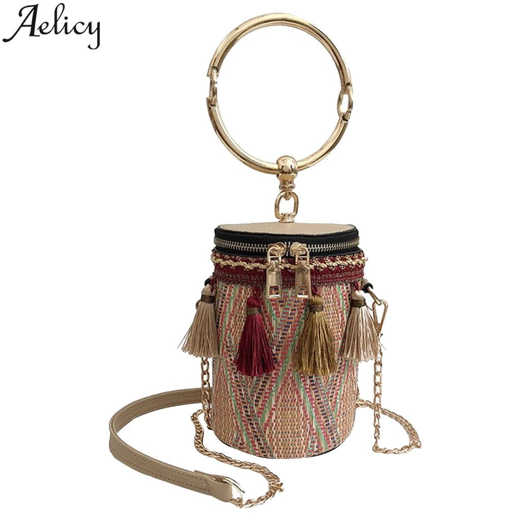 Aelicy Vintage Fringed Woven Lace Straw Handbag Ladies Summer Rattan Bag hand-woven Beach Circle Luxury Handbag