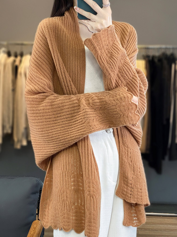 Camisola feminina cardigan xales de caxemira primavera outono 100% lã merino malhas rendas manga longa solta roupas femininas topos novo: Cáqui