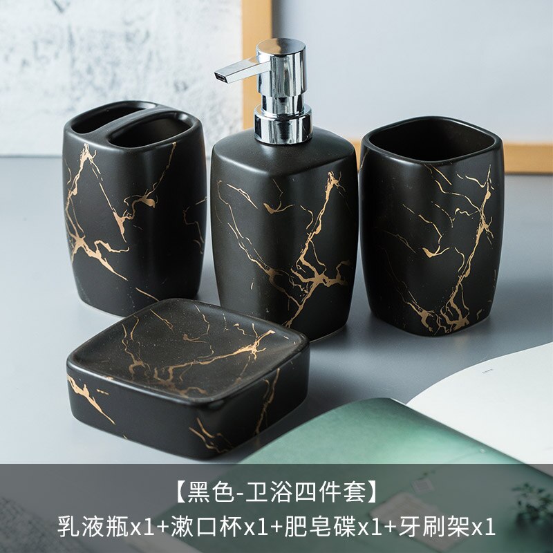 Marmer Keramiek Badkamer Set 5Pcs Zeepdispenser/Tandenborstel Houder/Tumbler/Zeepbakje Lade Badkamer Decoratie accessoires: Black four-piece