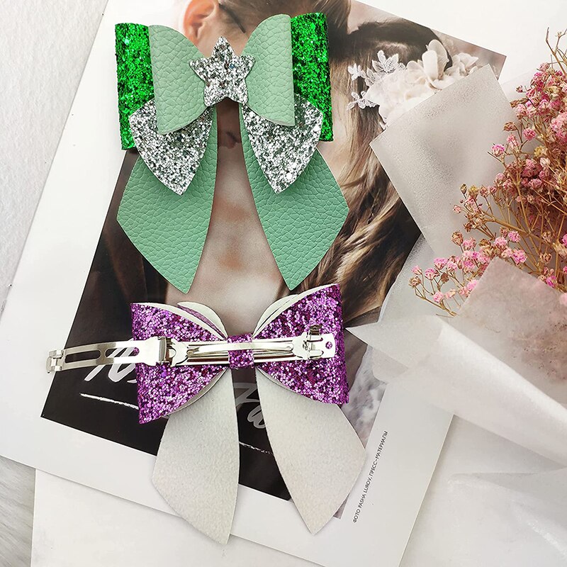 Pre Cut Leather Bow Making Kit 8 Set Colorful Large Bows with Glitter Solid Pieces French Barrette Hair Clips for DIY