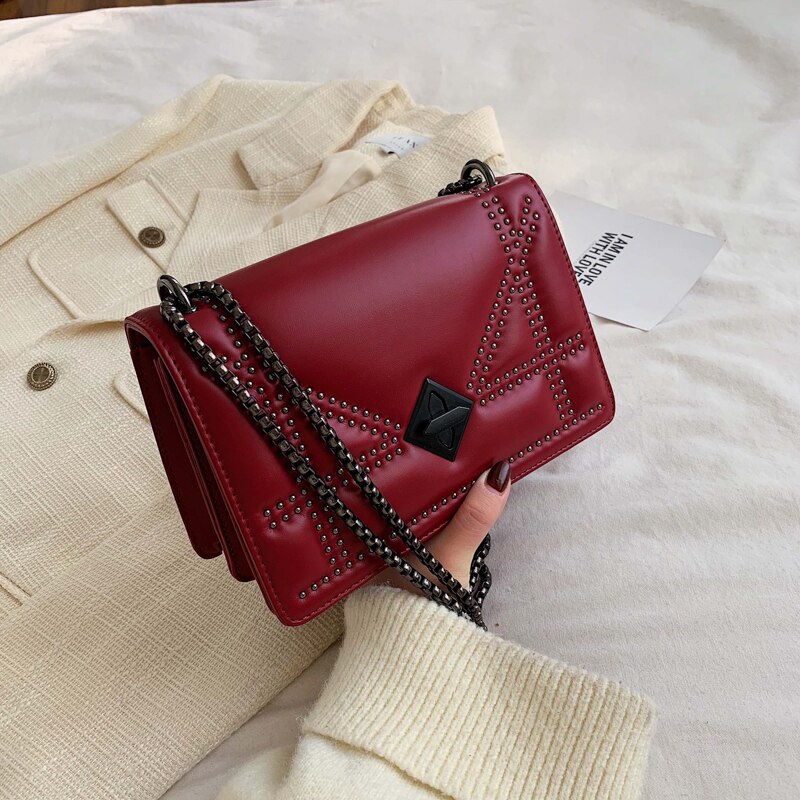 Petits Rivets en cuir PU sacs à bandoulière pour femmes dame épaule sac de messager femme luxe chaîne sacs à main: Rouge