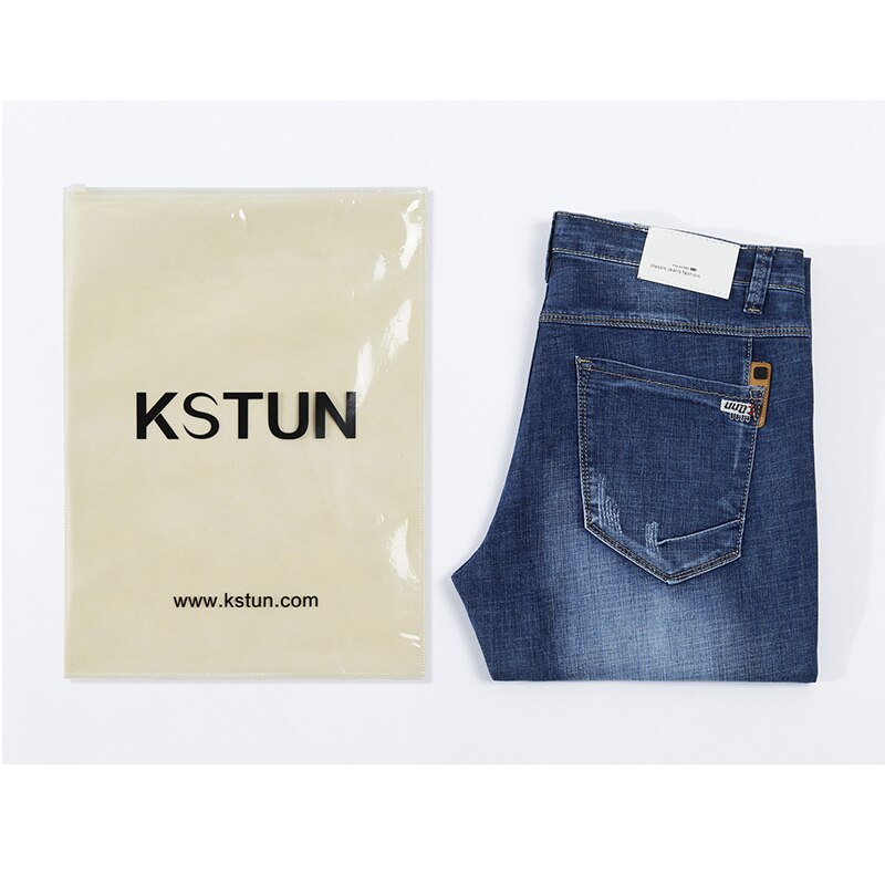 Kstun jeans herr slim fit blå sommar tunna slitna jeans herr streetwear hip hop jeansbyxor herrkläder