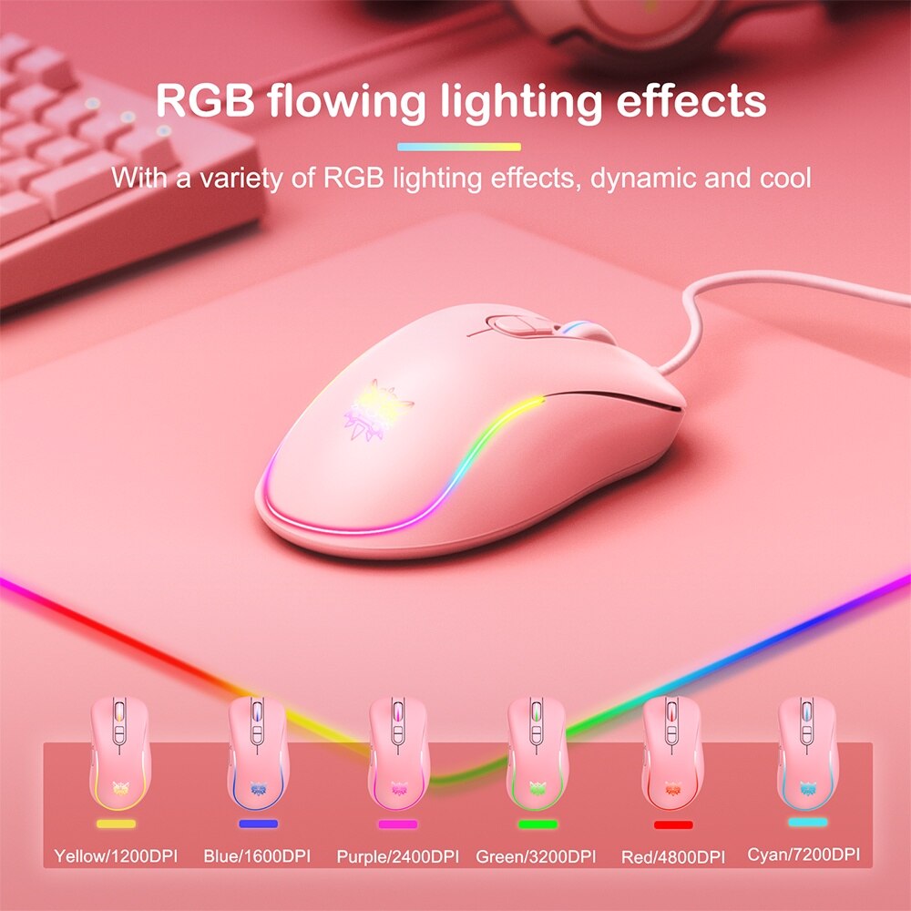 Onikuma CW907 Pink Cute RGB Wired Mechanical Gaming Mouse Mice Streamer Light Effect 6-speed DPI Gaming Mice