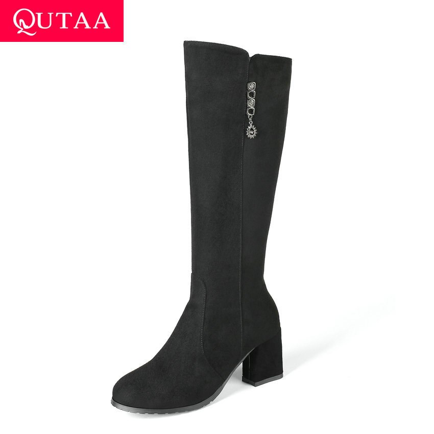 Qutaa höst vinter scrub rund tå blixtlås dam skor fyrkantiga högklackade strass knähöga stövlar storlek 34-43