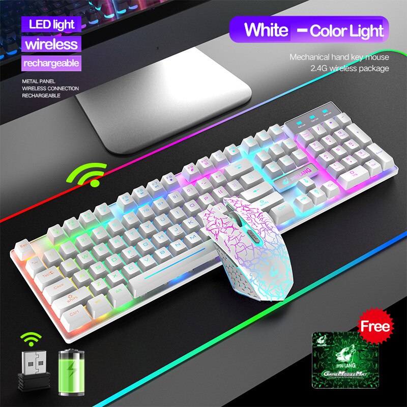 Gaming Keyboard and Mouse Wireless PC 2.4G Keyboard Optical Mouse 2400dpi Usb Gamer Keyboard Set Computer Laptop Keyboards: white