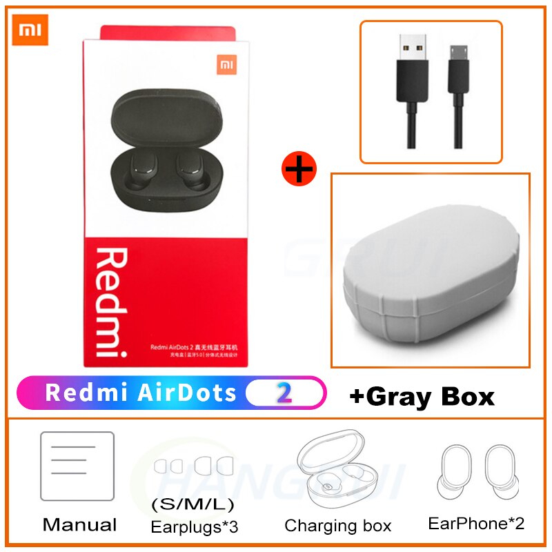 Xiaomi Redmi Airdots 2 Draadloze Bluetooth 5.0 Opladen Earphones Stereo Bass Oordopjes Met Microfoon Handsfree Ai Controle Oordopjes: Add Gray Cable