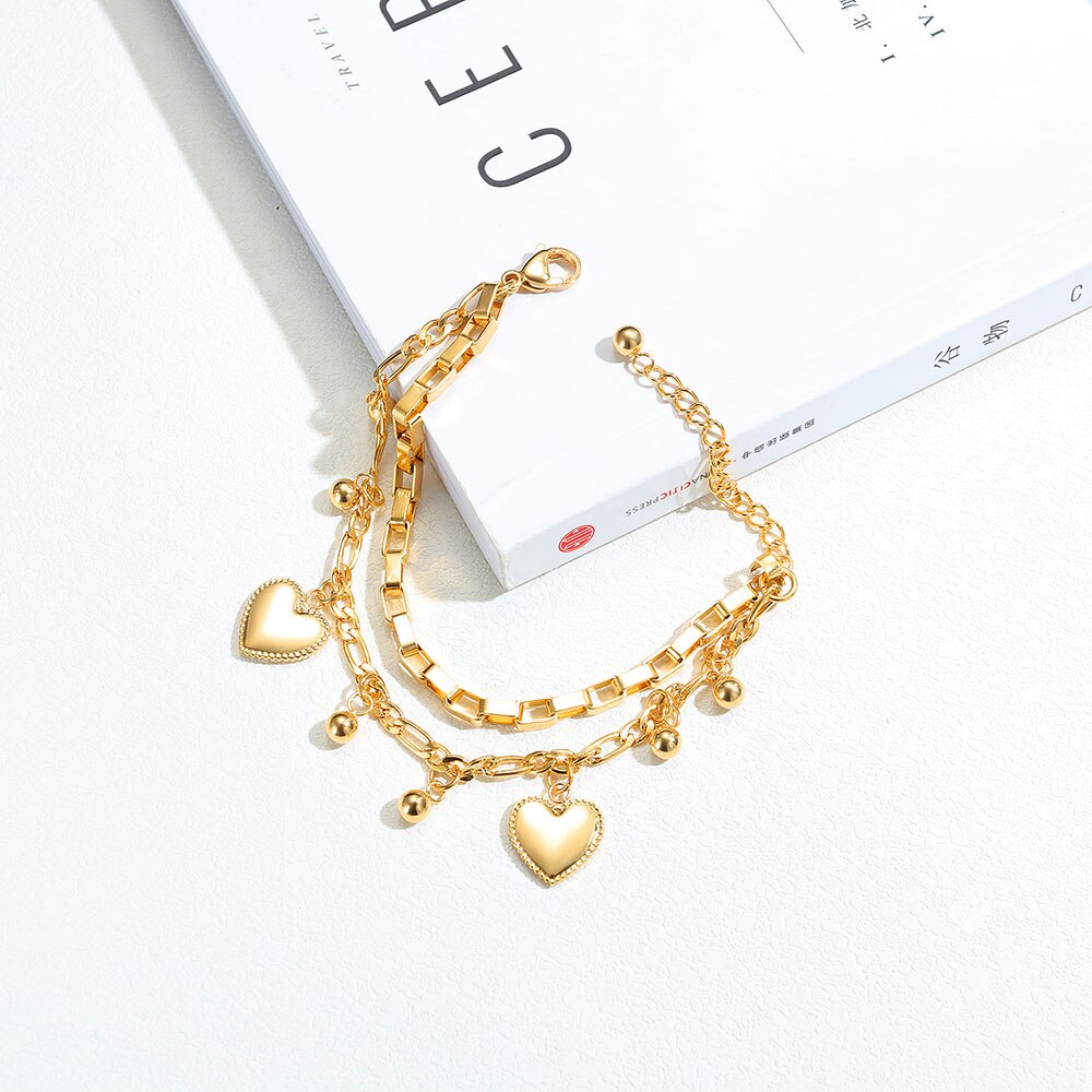 Lokaer Trendy Double Layer Stainless Steel Love Heart Ball Charm Bracelets For Women Girls Bohemia Chain Link Jewelry B19151