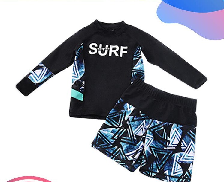 Long Sleeve Swimming Suit For Kids UPF 50+ Boys Girl Beach Sport Patchwork Bathing Sets Sun Protective Wetsuit Sport Clothes: Boy-2 suit / XXL