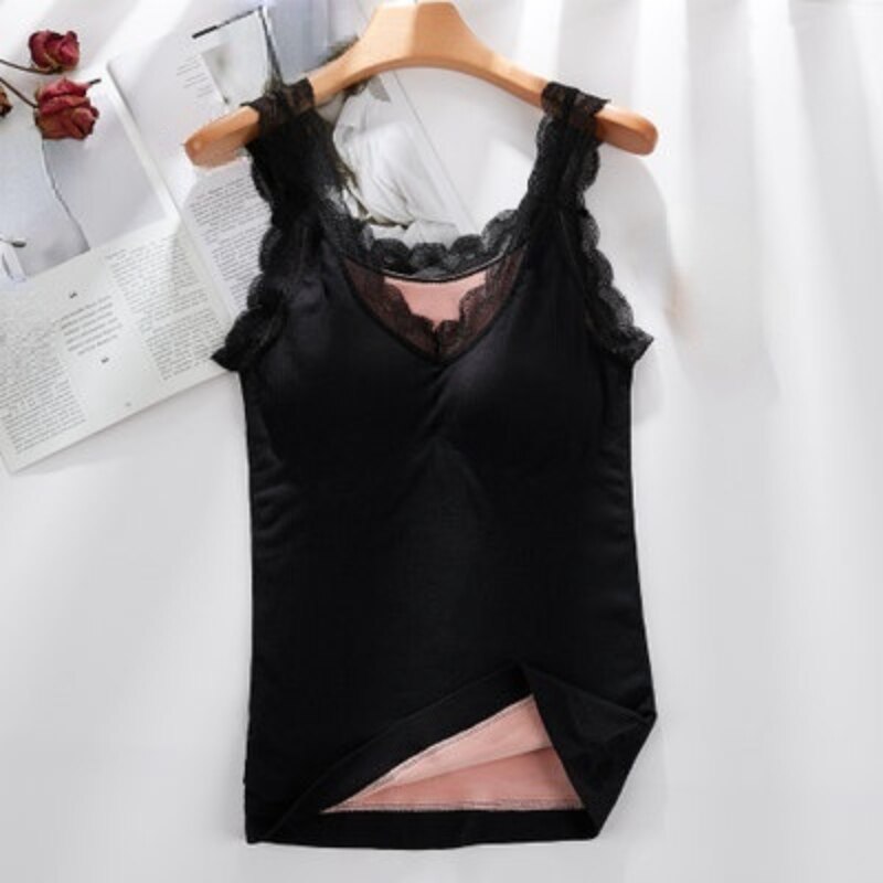 Débardeur Sexy en velours et dentelle pour femme, sous-vêtement thermique, col en v, Slim et , Camisole en coton, grande taille, 40-90Kg: Black / L 67.5-95 kg