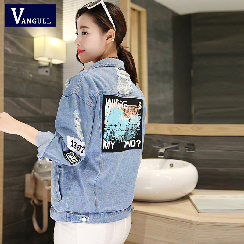 Women Frayed Denim Bomber Jacket Appliques Print Where Is My Mind Lady Vintage Outwear Autumn Coat Vangull