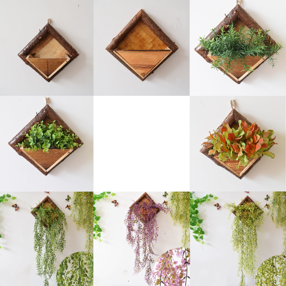 Retro Hanging Planter Nordic Style Flower Pot Wooden Plant Pendant Wall Flowerpot Living Mounted Container Holder Dining Room