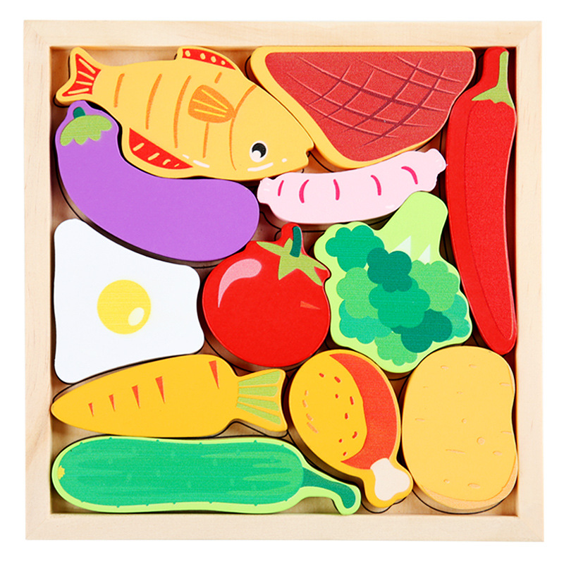 Cartoon Dier 3D Puzzel Hout Speelgoed Voor Kinderen Baby Hand Greep Board Groente-en Voertuig Houten Puzzels speelgoed: vegetables