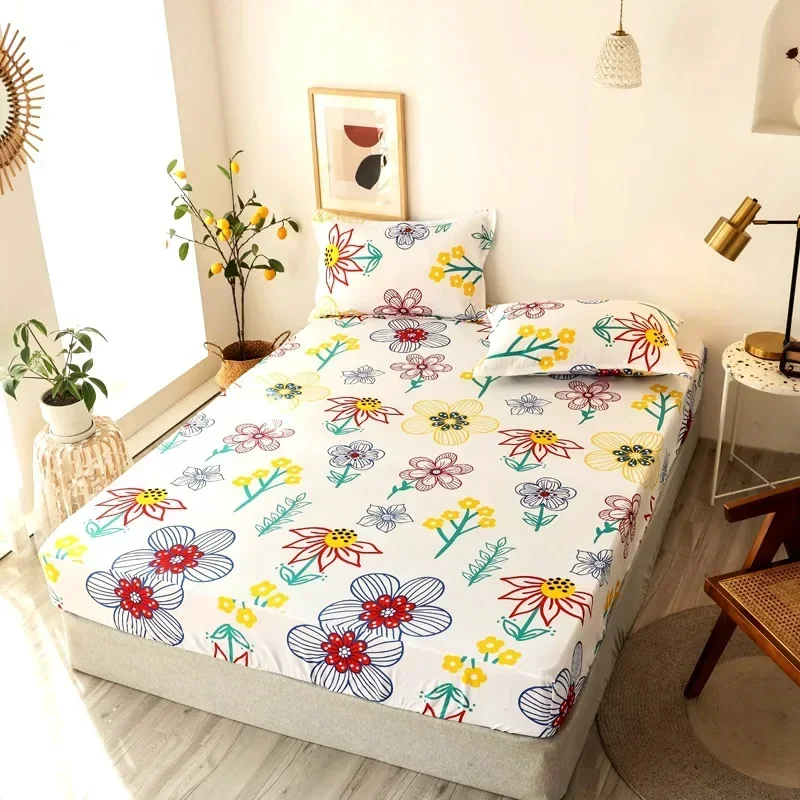 Polyester Print Fitted Sheet with Elastic Band Non Slip Mattress Cover Pillowcase for Single Double Bed 90/120/150/180cm