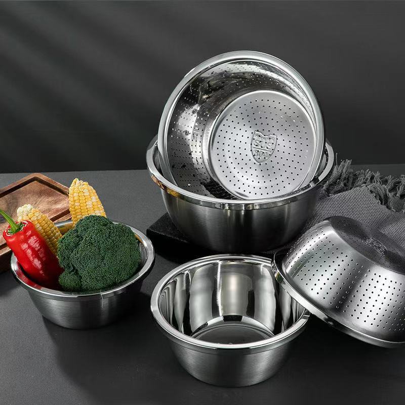 Stainless Steel Rice Sieve Washing Vegetables Basin Drain Basket Salad Egg Mixing Bowls Set Soup Basin Strainer Kitchen Utensils