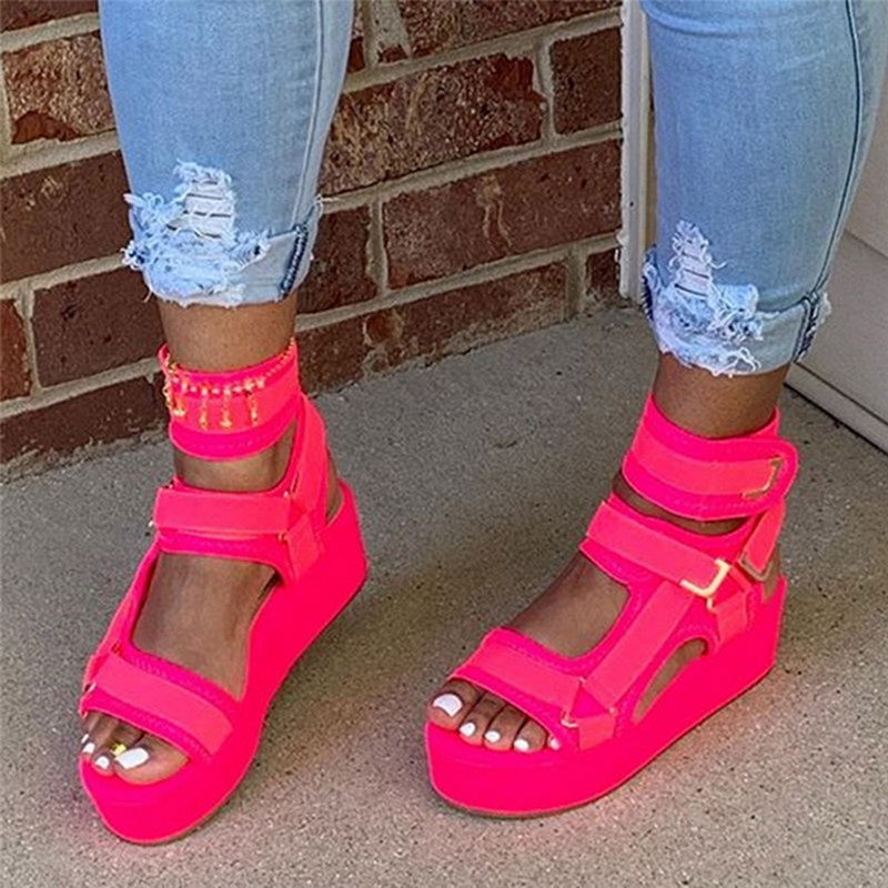 Kvinnor sandaler krok & loop plattform öppen tå orange sandaler kvinnor platt sommar utomhus strandskor dam sandaler för tjejer: Rosa / 43
