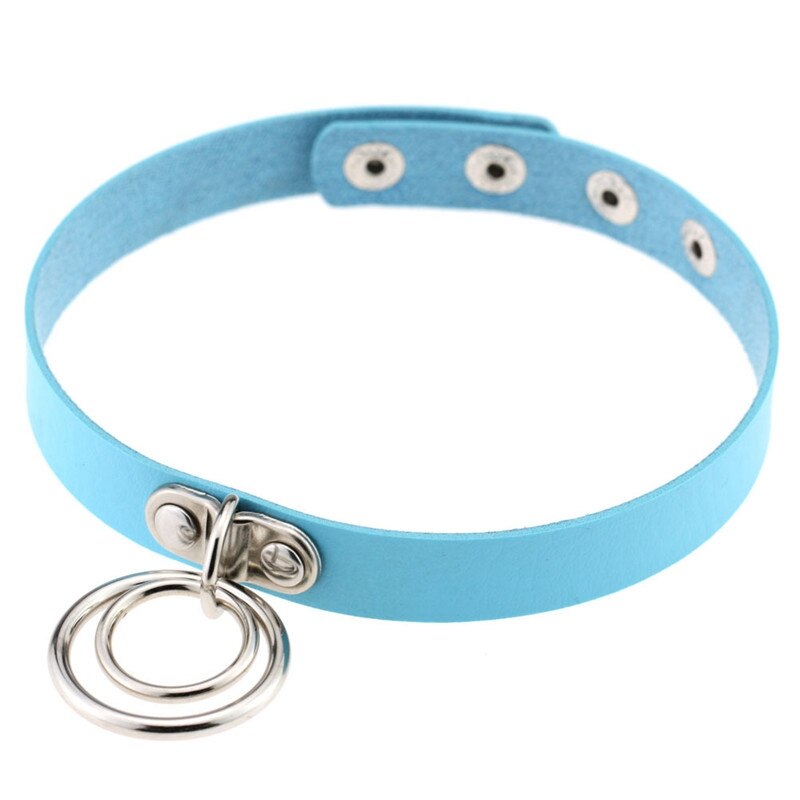 Popular Choker Collar Necklace Double Ring O Leather Gothic Bracelet Women: light blue