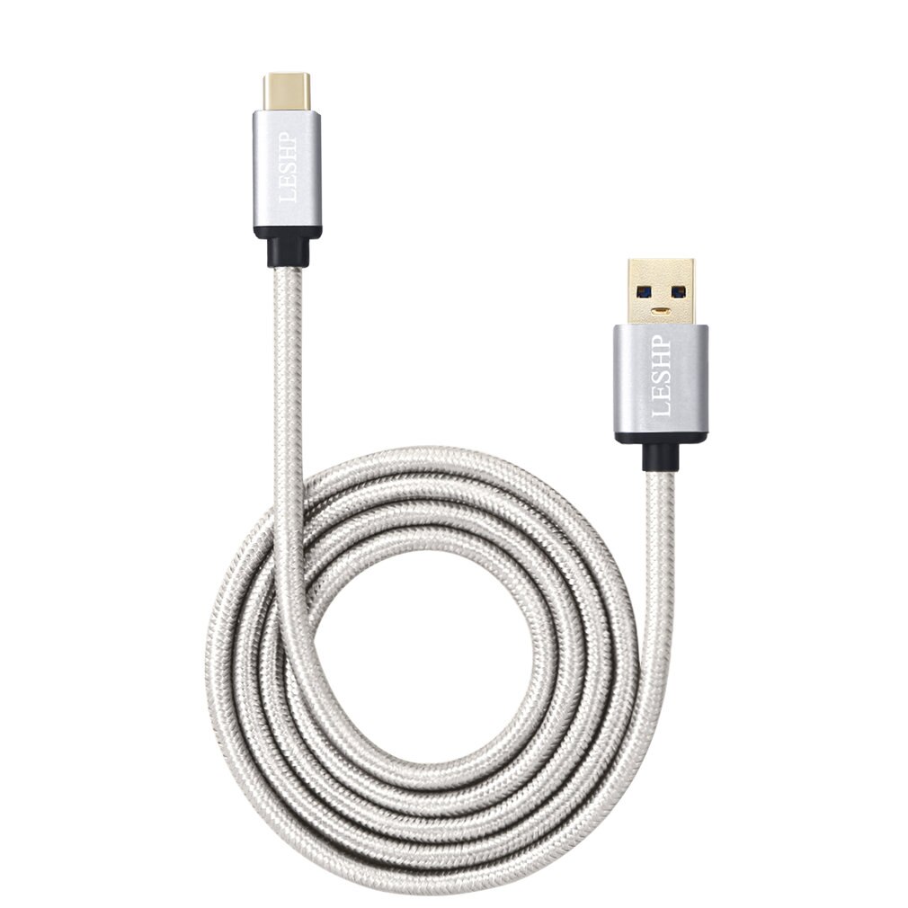 LESHP Metal Shell Nylon Braided Lightweight Durable Safe Large Current USB3.0A to USB Type-C Charging Data Charger 1M Cable: Silver
