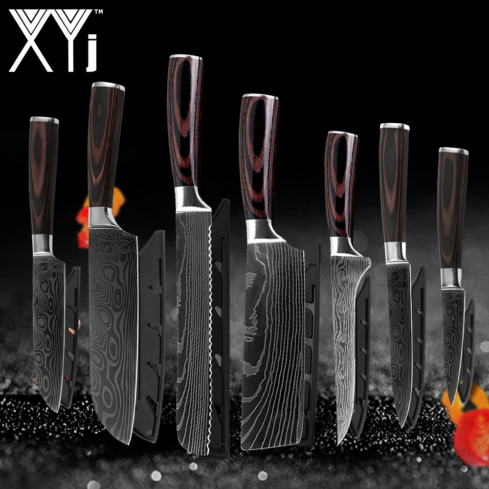 Japanse Keuken Mes Set Mes Covers Uitbenen Brood Eviscerate Gesneden Fruit Scherpe Nut Santoku Damascus Patroon Koken: 7 Pcs  Value set