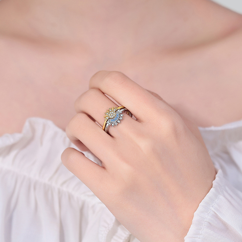 YILUOCD-Anillos de pareja ajustables con sol y luna brillantes, anillo de promesa abierto con circonita cúbica, joyería de compromiso apilable, del día 2024