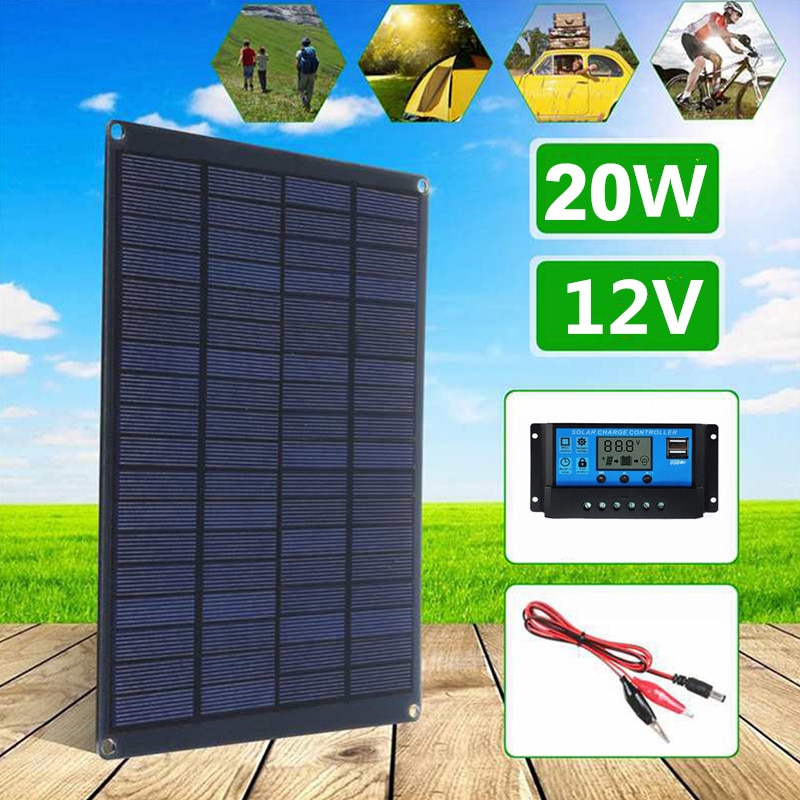 20w solcellepanel med batteriklemme og 20a kontroller 18v monokrystallinske solceller utendørs camping tur solar billader