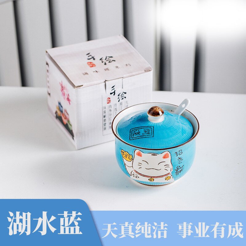 Tanque de condimentos de cerámica con forma de gato de dibujos animados japoneses, cuchara de cerámica, salero, tarro de especias, accesorios de cocina, caja: Blue Cat