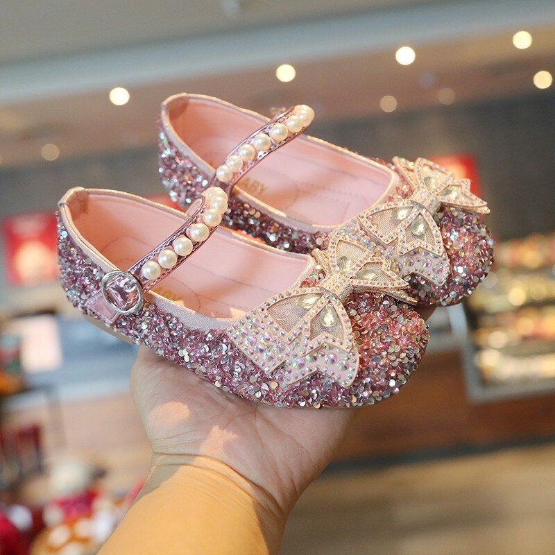 Girls Shoes Rhinestone Princess Shoes Bling Wedding Shoes For Girls Pearls Mary Janes Glitter Dance Baby Kids Flats Child: Pink / 21 ( 13.5 cm )