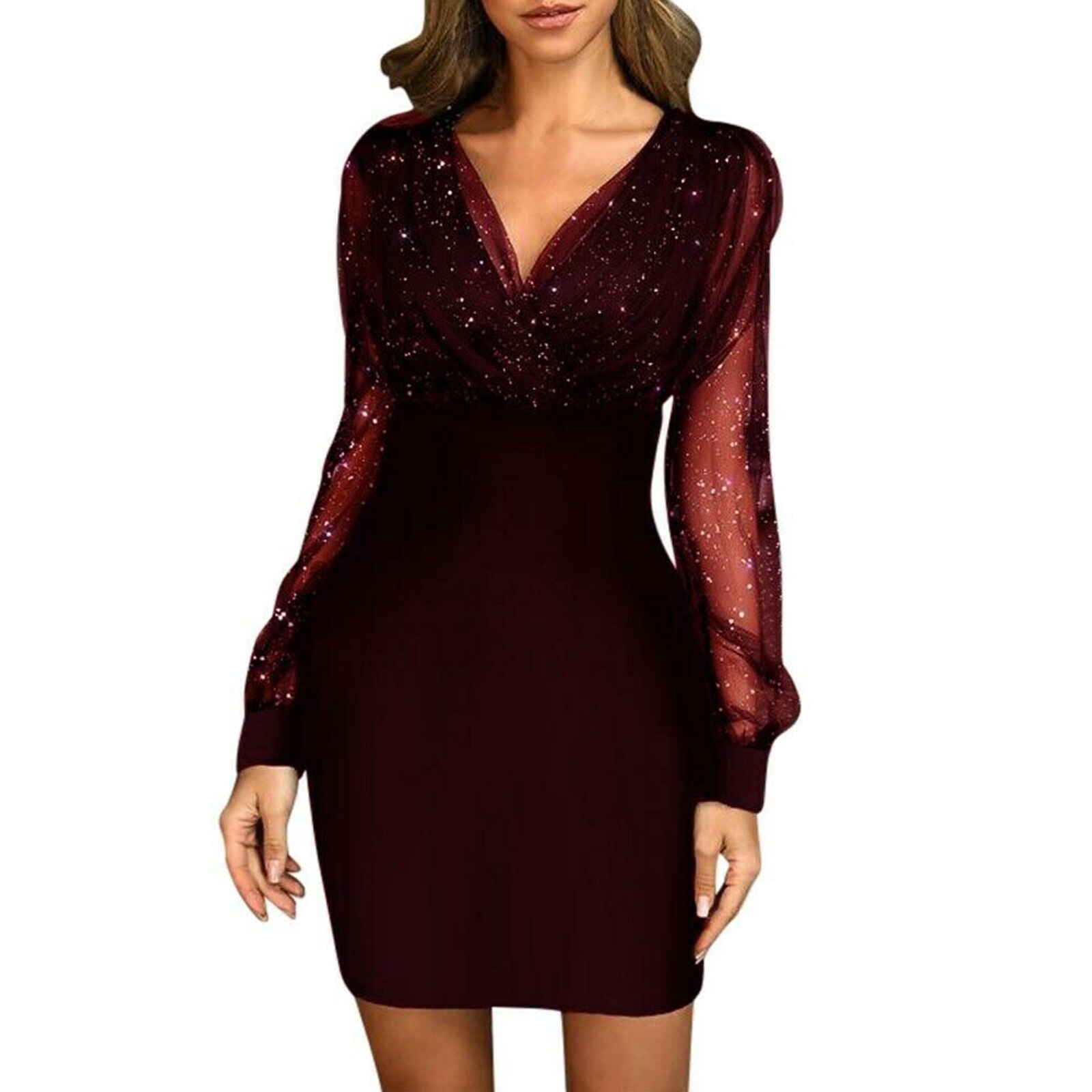Abito da sera da donna con scollo a v in paillettes con scollo a v in maglia da donna in vendita calda X85: M / wine red