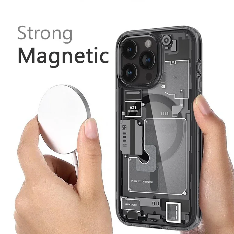 Technology Magnetic Case for iPhone 17 Pro Max 16 15 14 13 12 Cover 17Pro Clear Shockproof for MagSafe Phone Cases Coque