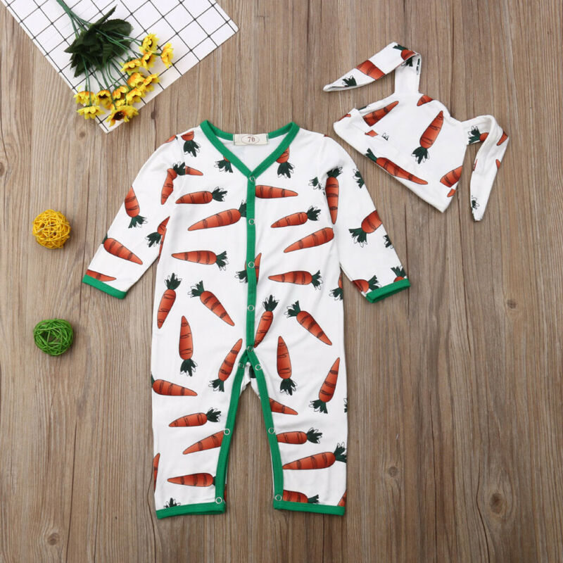 Cute Newborn Kids Baby Boys Girls Carrot Clothes Romper Jumpsuit Hat Warm Outfit