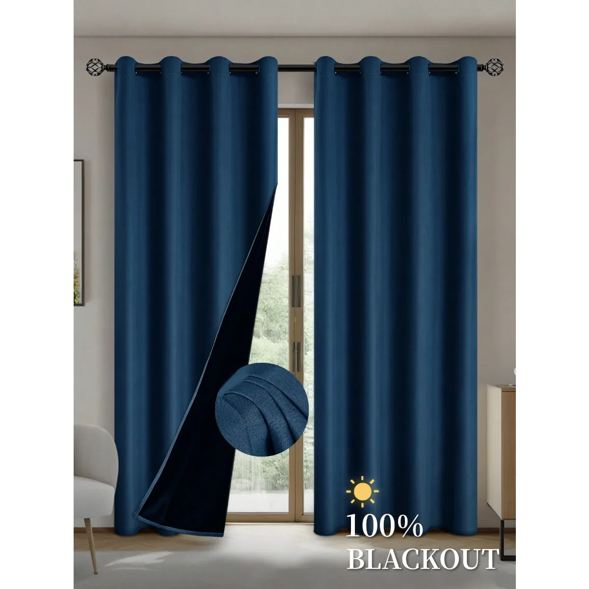 Cortinas opacas con forro aislante recubierto, adecuadas para sala de estar, dormitorio, cocina, decoración del hogar, decoración de la habitación, 2 uds.: 5 x 1,4 / Azul marino
